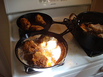 Fried chicken on multiple burners — a thing of beauty