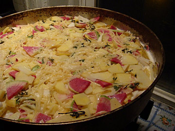 Potato and Turnip Casserole before baking...(with pretty pink turnips)